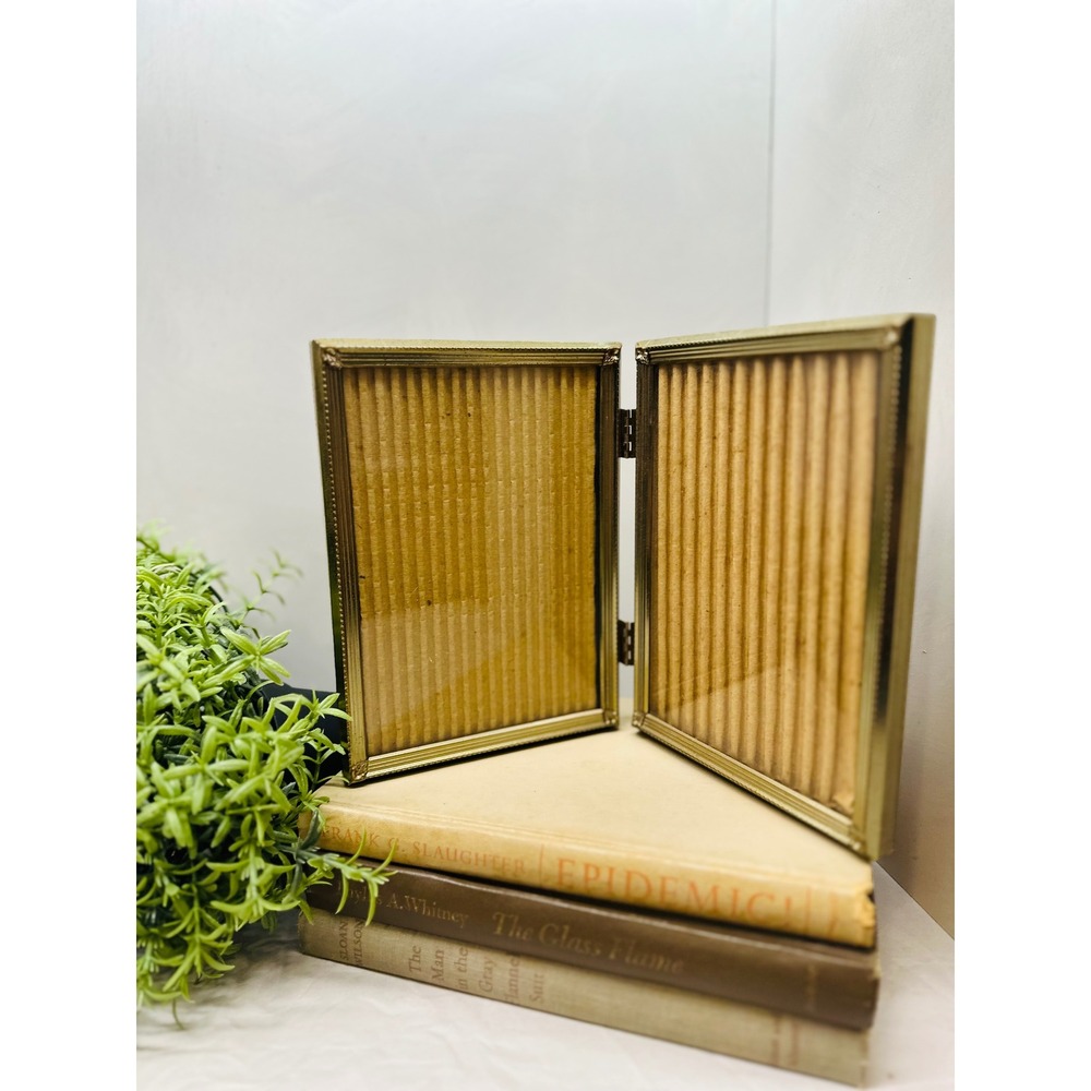 Art Deco Stamped Brass Double Hinged Frame 5x7 With Corner Detail